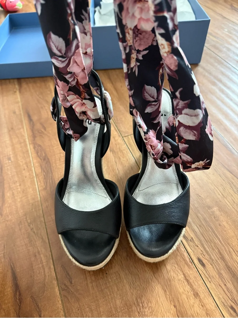 PAIGE Floral Tie-Ankle Black Espadrille Wedge Sandals